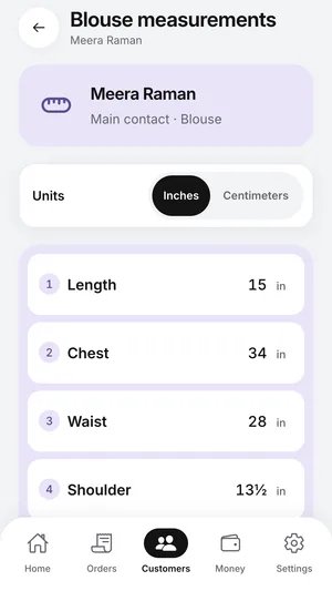 Saved blouse measurements for a fictional customer, with inch and centimeter options.