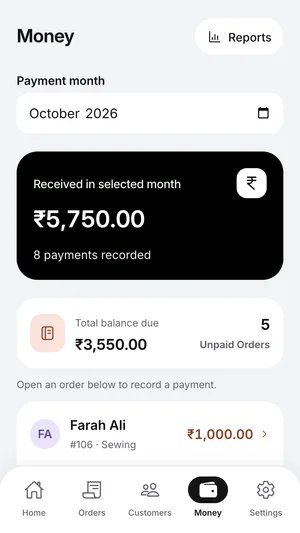 Monthly payments received and outstanding customer balances in SewMate.